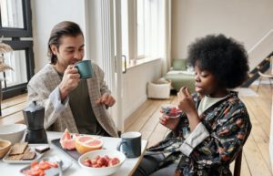 eating breakfast healthy food fruit recovery two friends